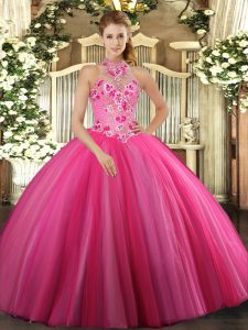 Fitting Hot Pink Tulle Lace Up Halter Top Sleeveless Floor Length 15th Birthday Dress Embroidery