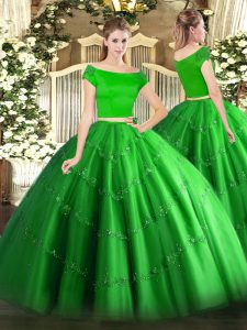 Floor Length Green Sweet 16 Dresses Tulle Short Sleeves Appliques