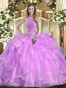 Top Selling Floor Length Lace Up 15 Quinceanera Dress Lilac for Military Ball and Sweet 16 and Quinceanera with Beading and Ruffles