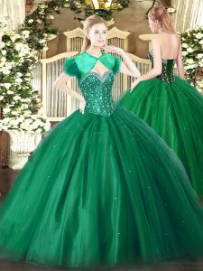 Dark Green Ball Gown Prom Dress Military Ball and Sweet 16 and Quinceanera with Beading Sweetheart Sleeveless Lace Up