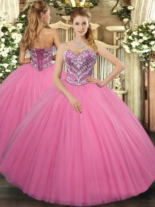 Comfortable Rose Pink Tulle Lace Up Sweetheart Sleeveless Floor Length Quinceanera Gowns Beading