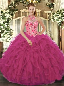 Elegant Beading and Embroidery and Ruffles Quinceanera Dress Hot Pink Lace Up Sleeveless Floor Length