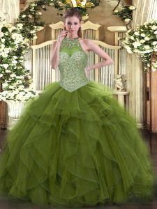 Stunning Olive Green Ball Gowns Halter Top Sleeveless Tulle Floor Length Lace Up Beading 15th Birthday Dress