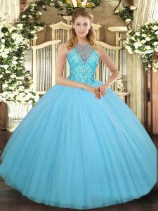 Fantastic Beading Sweet 16 Dress Aqua Blue Lace Up Sleeveless Floor Length