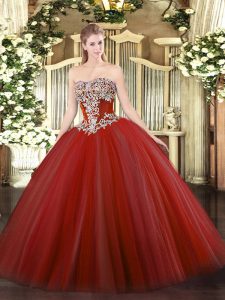 Floor Length Lace Up Vestidos de Quinceanera Wine Red for Military Ball and Sweet 16 and Quinceanera with Beading