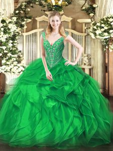 Green V-neck Neckline Beading and Ruffles Ball Gown Prom Dress Sleeveless Lace Up