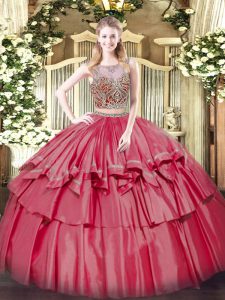 Sophisticated Scoop Sleeveless Lace Up 15th Birthday Dress Coral Red Organza and Taffeta