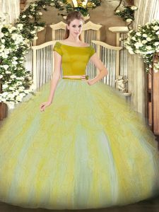 Glittering Gold Zipper Sweet 16 Quinceanera Dress Ruffles Short Sleeves Floor Length