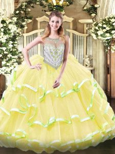 Yellow Green and Light Yellow Organza Zipper 15 Quinceanera Dress Sleeveless Floor Length Beading and Ruffled Layers