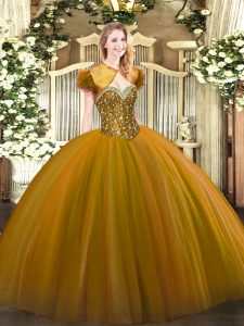 Low Price Brown Ball Gowns Beading Quinceanera Gown Lace Up Tulle Sleeveless Floor Length