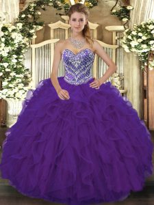 Sweetheart Sleeveless Lace Up Quinceanera Gown Purple Lace