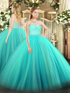 Glorious Sleeveless Tulle Floor Length Zipper Quinceanera Dresses in Turquoise with Beading and Lace
