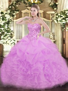 Sleeveless Organza Floor Length Lace Up Sweet 16 Dresses in Lilac with Lace and Ruffles and Pick Ups
