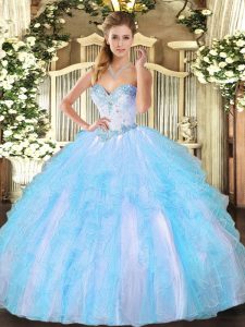 Modern Sweetheart Sleeveless Ball Gown Prom Dress Floor Length Beading and Ruffles Aqua Blue Tulle