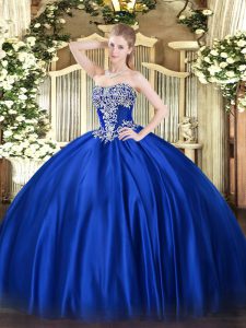 Hot Selling Royal Blue Ball Gowns Satin Strapless Sleeveless Beading Floor Length Lace Up 15th Birthday Dress