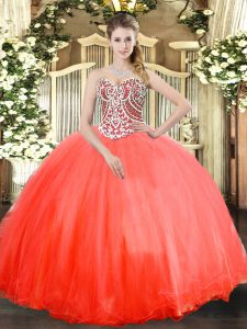 High Class Coral Red Sweetheart Neckline Beading 15th Birthday Dress Sleeveless Lace Up
