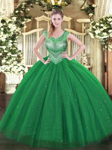 Dark Green Quinceanera Gowns Sweet 16 and Quinceanera with Beading and Sequins Scoop Sleeveless Lace Up