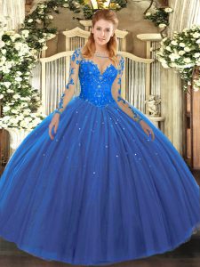 Long Sleeves Floor Length Lace Lace Up Sweet 16 Dress with Blue