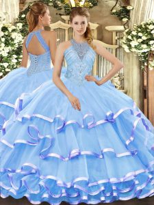 Aqua Blue Organza Lace Up Quinceanera Gown Sleeveless Floor Length Beading and Ruffled Layers