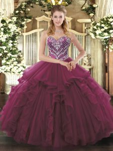 Smart Burgundy Ball Gowns Tulle Sweetheart Sleeveless Beading and Ruffles Floor Length Lace Up Sweet 16 Dresses