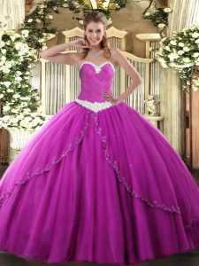 Fuchsia Ball Gowns Sweetheart Sleeveless Tulle Brush Train Lace Up Appliques Sweet 16 Quinceanera Dress