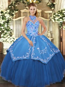 Clearance Teal Satin and Tulle Lace Up Halter Top Sleeveless Floor Length Vestidos de Quinceanera Beading and Embroidery