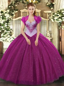 Ball Gowns Quinceanera Dresses Fuchsia Sweetheart Tulle Sleeveless Floor Length Lace Up