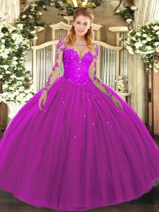 Popular Fuchsia Long Sleeves Tulle Lace Up Quinceanera Gown for Military Ball and Sweet 16 and Quinceanera