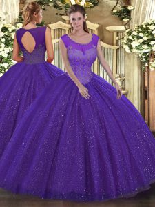 Ball Gowns Sweet 16 Quinceanera Dress Purple Scoop Tulle Sleeveless Floor Length Backless