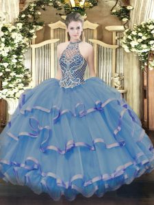 Dynamic Blue Sleeveless Beading and Ruffles Floor Length Quince Ball Gowns