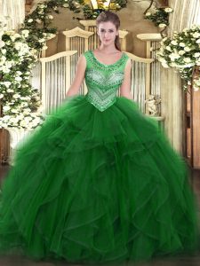Clearance Green Lace Up Scoop Beading and Ruffles Sweet 16 Quinceanera Dress Organza Sleeveless