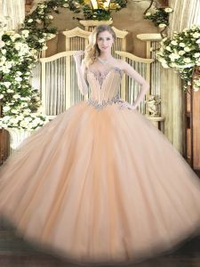 Gorgeous Floor Length Peach 15 Quinceanera Dress Tulle Sleeveless Beading