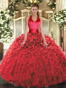 Halter Top Sleeveless 15th Birthday Dress Floor Length Ruffles Red Organza