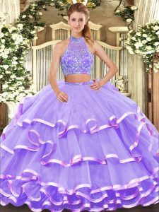 On Sale Lavender Sleeveless Beading and Ruffled Layers Floor Length Quinceanera Gowns