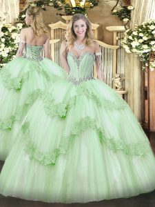 Beading and Appliques Sweet 16 Dress Apple Green Lace Up Sleeveless Floor Length