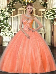 Customized Floor Length Ball Gowns Sleeveless Orange Red Sweet 16 Dresses Lace Up