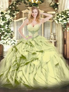 Affordable Sleeveless Lace Up Floor Length Beading and Ruffles Quince Ball Gowns