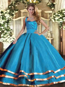 Sleeveless Tulle Floor Length Lace Up Vestidos de Quinceanera in Baby Blue with Ruffled Layers