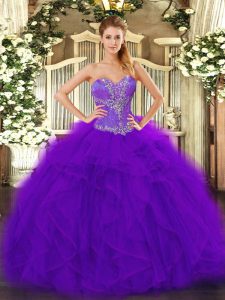Purple Sleeveless Beading and Ruffles Floor Length Quinceanera Dresses
