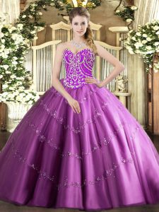 Sleeveless Floor Length Beading and Appliques Lace Up Quinceanera Gowns with Lilac