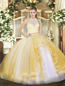 Stunning Gold Tulle Zipper Scoop Sleeveless Floor Length 15th Birthday Dress Lace and Ruffles