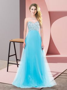 Delicate Aqua Blue Empire Sweetheart Sleeveless Tulle Floor Length Lace Up Beading Prom Dresses