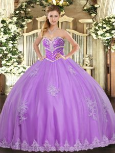 Lavender Quince Ball Gowns Military Ball and Sweet 16 and Quinceanera with Beading and Appliques Sweetheart Sleeveless Lace Up