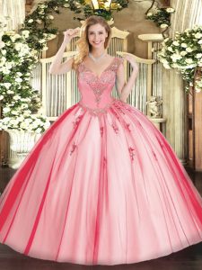 Coral Red Quinceanera Gown Military Ball and Sweet 16 and Quinceanera with Beading V-neck Sleeveless Lace Up