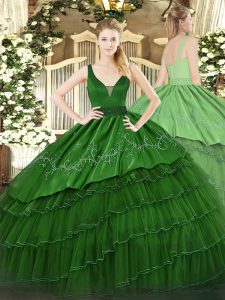 Dark Green Ball Gowns Straps Sleeveless Organza and Taffeta Floor Length Zipper Beading and Embroidery and Ruffled Layers Ball Gown Prom Dress
