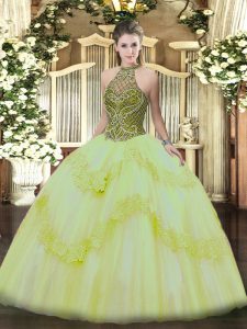 Ball Gowns Quinceanera Dress Light Yellow Halter Top Tulle Sleeveless Floor Length Lace Up