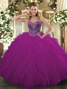 Sexy Sleeveless Tulle Floor Length Lace Up Sweet 16 Dress in Fuchsia with Beading and Ruffled Layers