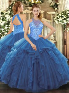 Blue High-neck Lace Up Beading and Ruffles Quinceanera Dresses Sleeveless