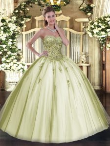 Sleeveless Tulle Floor Length Lace Up 15 Quinceanera Dress in Olive Green with Beading