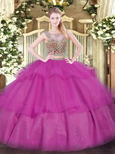 Fuchsia Two Pieces Scoop Sleeveless Tulle Floor Length Lace Up Beading and Ruffled Layers Ball Gown Prom Dress